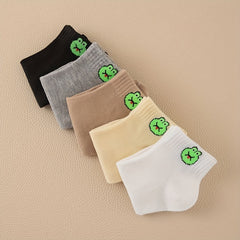 5 Pairs Frog Print Socks Crew Short Comfy Stockings Women's Hosiery