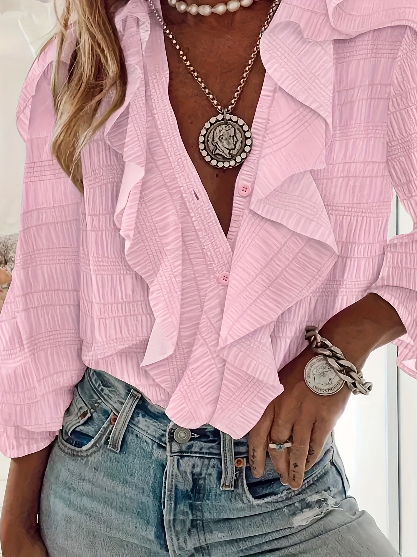  Women's Solid Textured Ruffle Trim Blouse