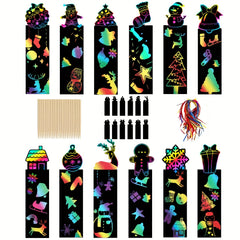 48pcs Christmas Scratch Painting Kit with Wooden Pen and Ribbon Bookmarks