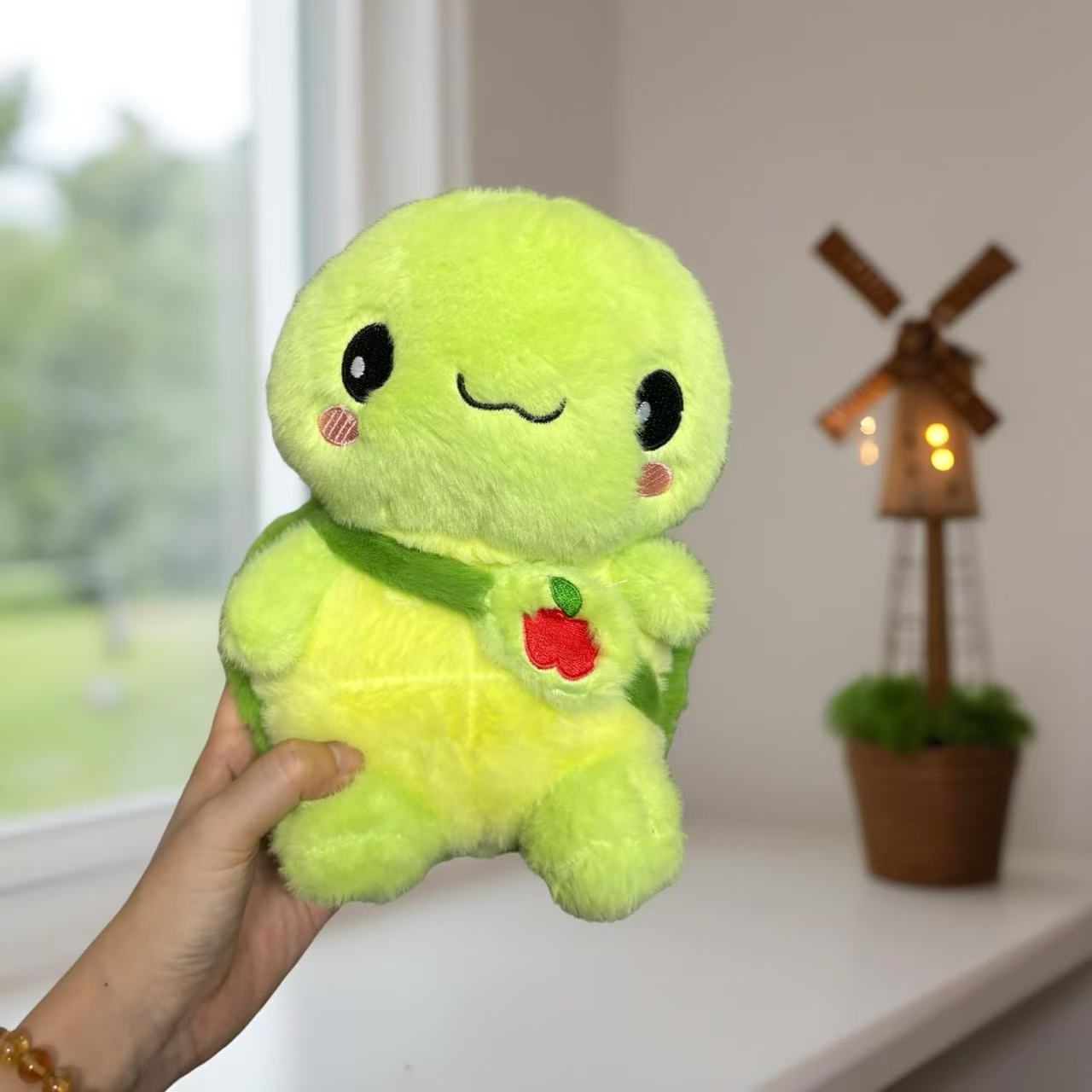 Cute Green Turtle Plushie with Red Heart and Leaf Detail