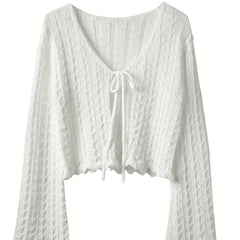 Tie Front Knit Cardigan Scallop Trim Flared Sleeve Sweater