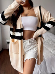  Stripe Print Long Sleeve Open Front Cardigan With Pockets
