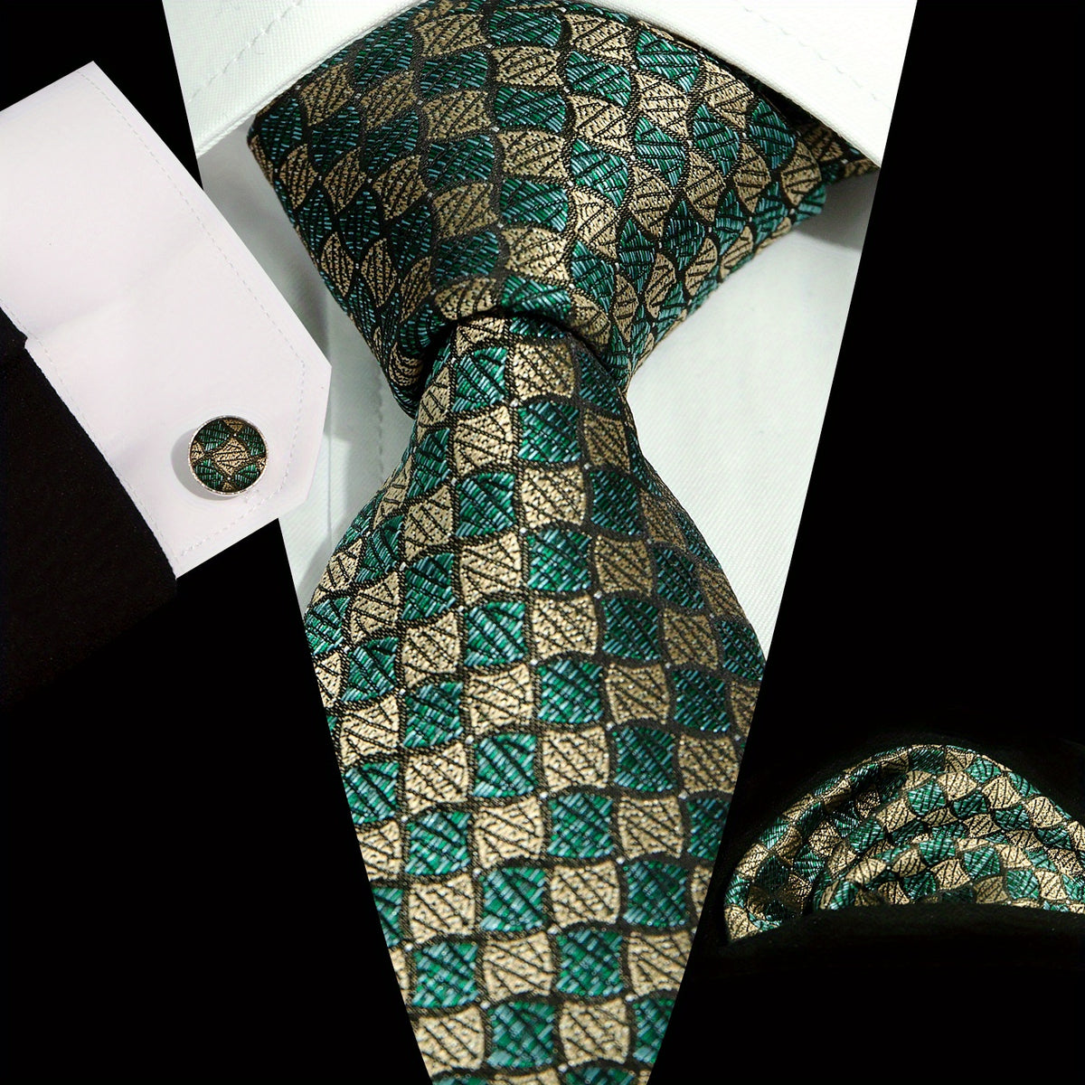 Men's Tie Set Plaid Striped Necktie Pocket Square Cufflinks Set