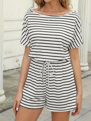 Striped Drawstring Waist Romper Short Sleeve Jumpsuit