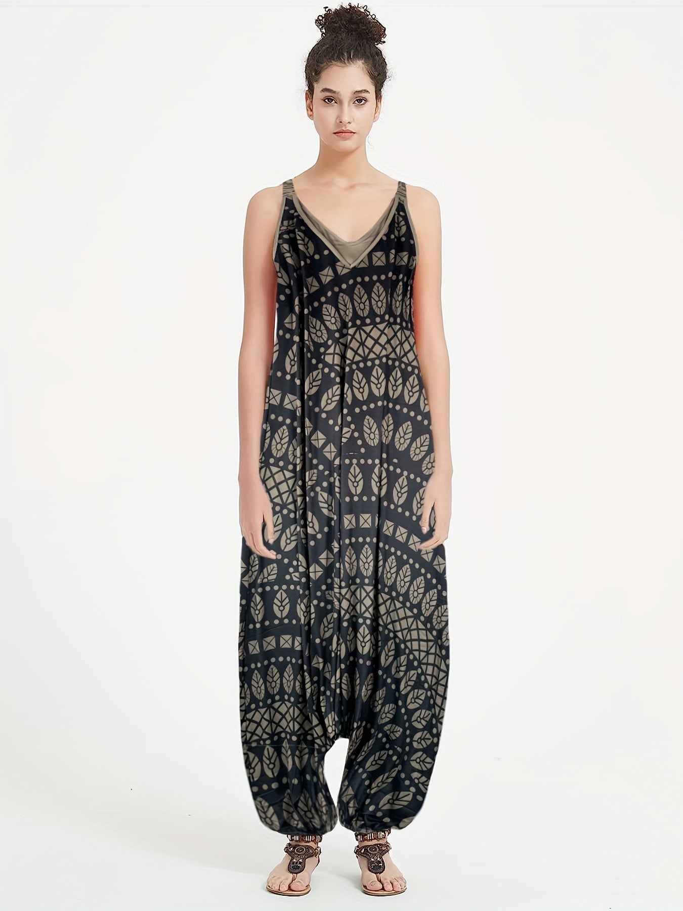  Graphic Print Drop Crotch Jumpsuit