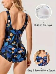  Boho Swimsuit Women's Tropical Print Ruched One Piece