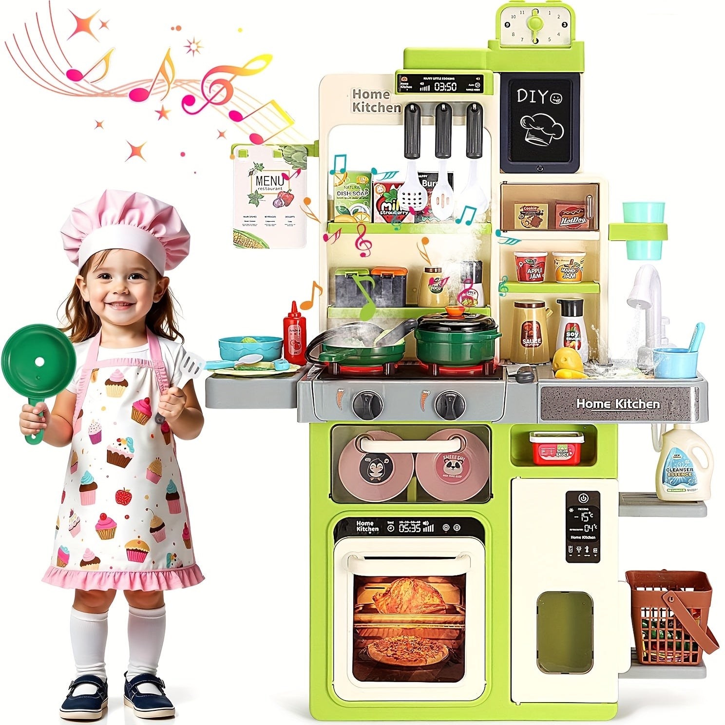 Kids Play Kitchen Set with Realistic Sound & Light Stove Sink Play Food