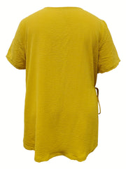 Solid Button Short Sleeve V Neck Wrap Top