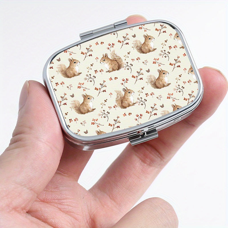 Squirrel Print Pill Organizer Metal Case Compact for Travel & Outdoor