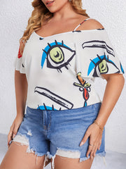  Abstract Painting Print Cold Shoulder Short Sleeve Blouse