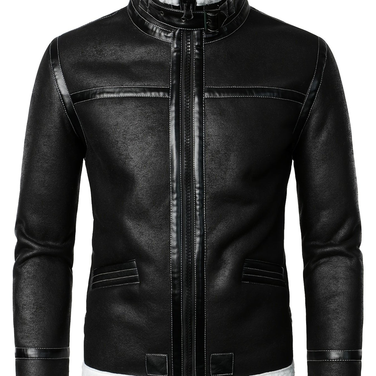 Men's Warm Fleece PU Jacket with Stand Collar for Fall Winter