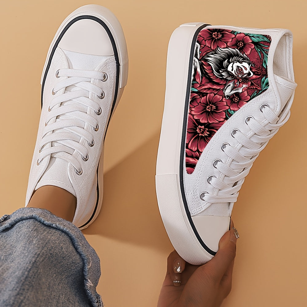 Flower Print Chunky Canvas Sneakers High Top Skate Shoes