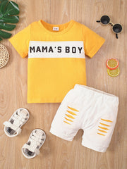 Cotton 'MAMA'S BOY' T-shirt Top + Ripped Shorts 2pcs Set for Baby Boys
