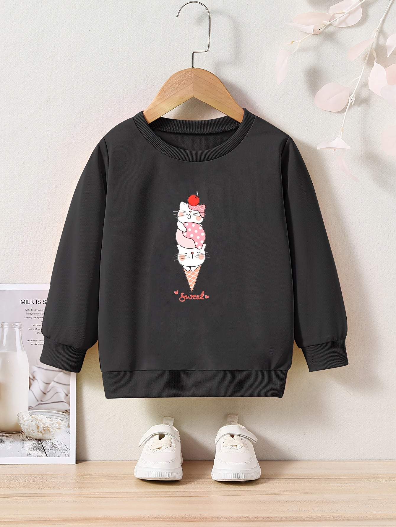 Cat Ice Cream Print Girls Casual Sweatshirt Crew Neck Tops Kids Fall Winter