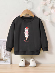 Cat Ice Cream Print Girls Casual Sweatshirt Crew Neck Tops Kids Fall Winter