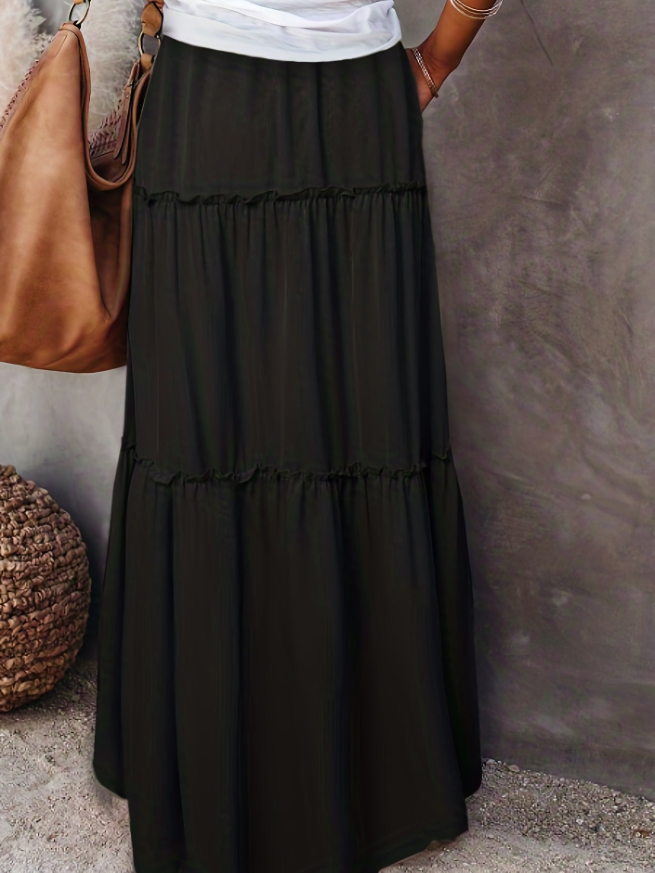  Solid Elastic Drawstring Maxi Skirt
