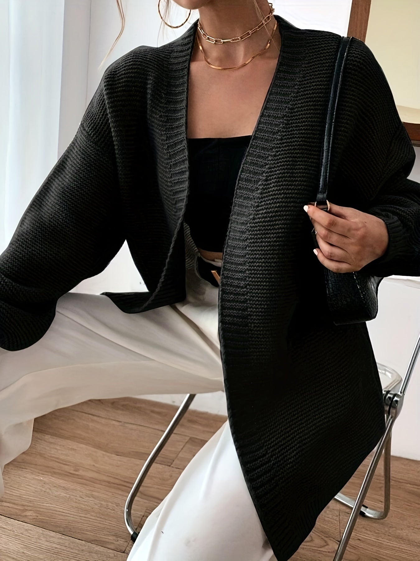  Casual Lantern Sleeve Cardigan Open Front