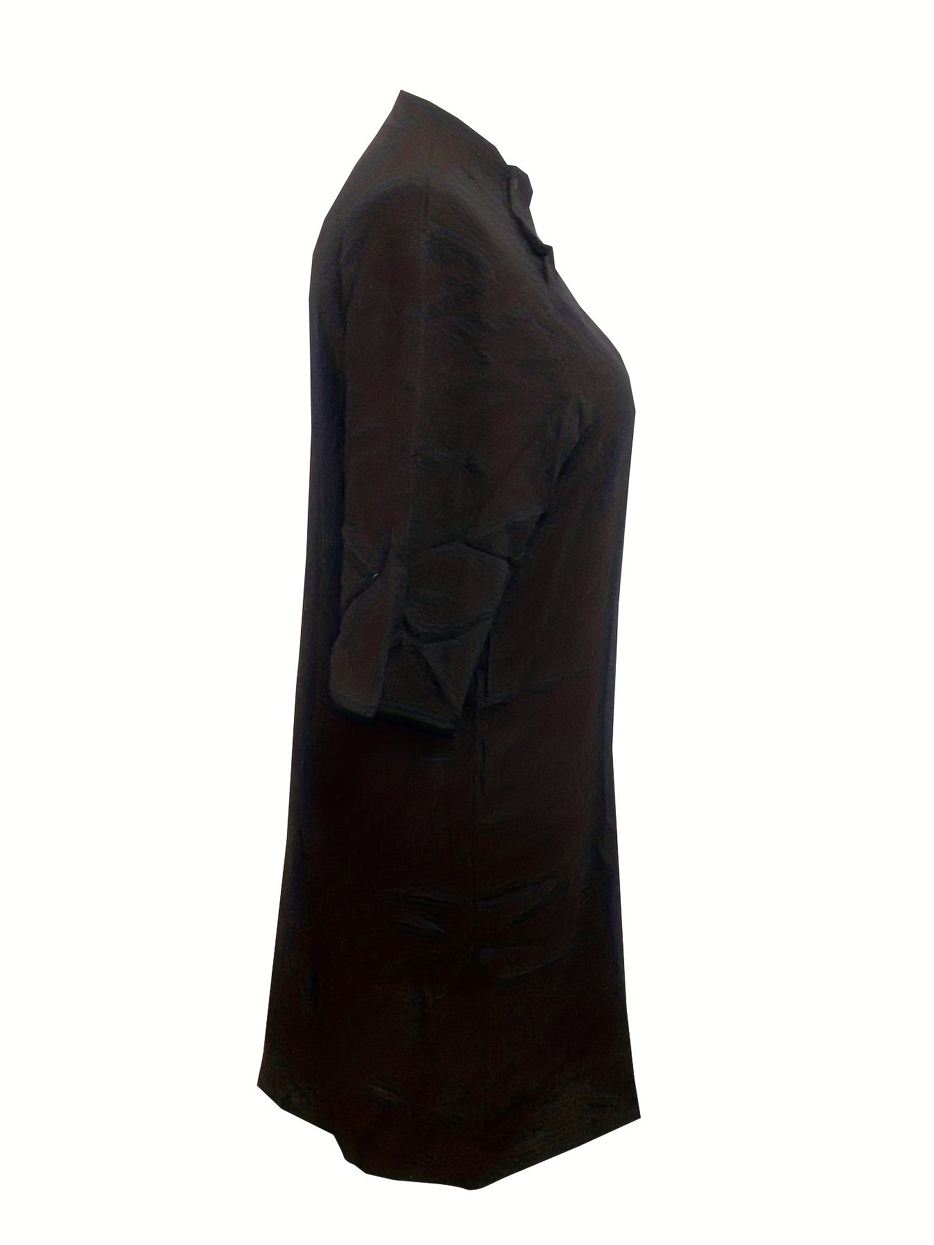  Solid Button Up Half Sleeve Dress with Stand Collar