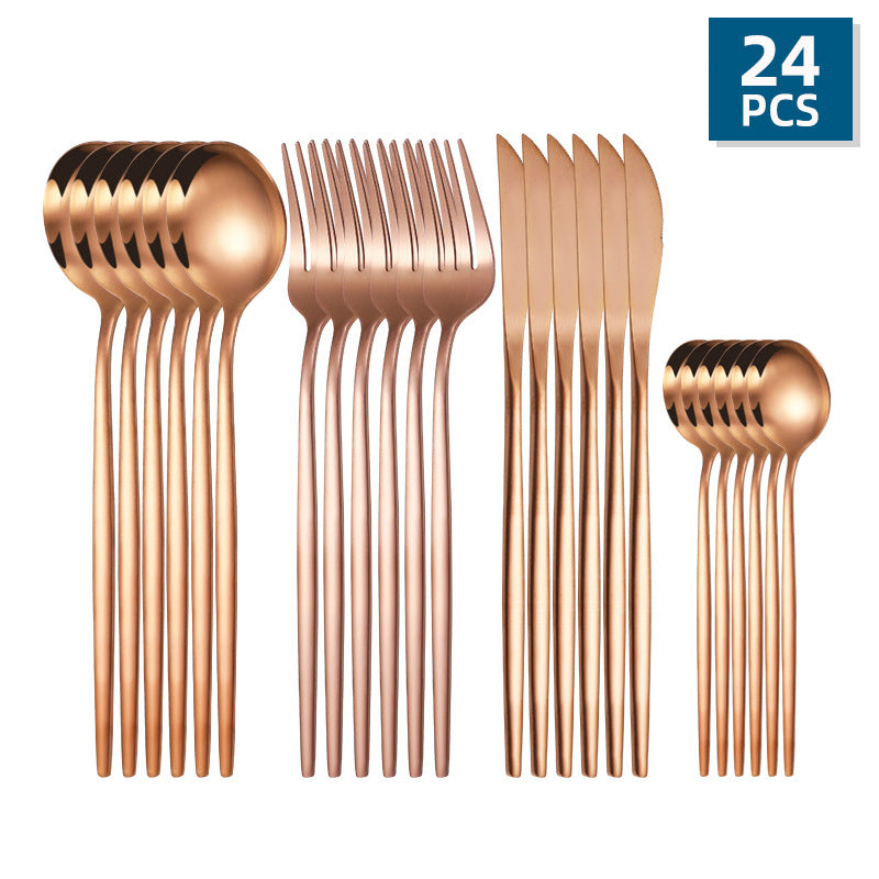 24 Pcs Golden Stainless Steel Cutlery Set Mirror Flatware Portuguese Spoon