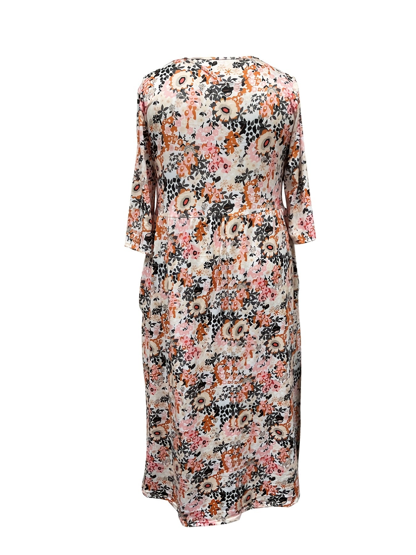 Floral Print Short Sleeve Plus Size Casual Dress with Pockets