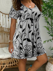 Women's Plus Leaf Print Short Sleeve Round Neck Mini Dress