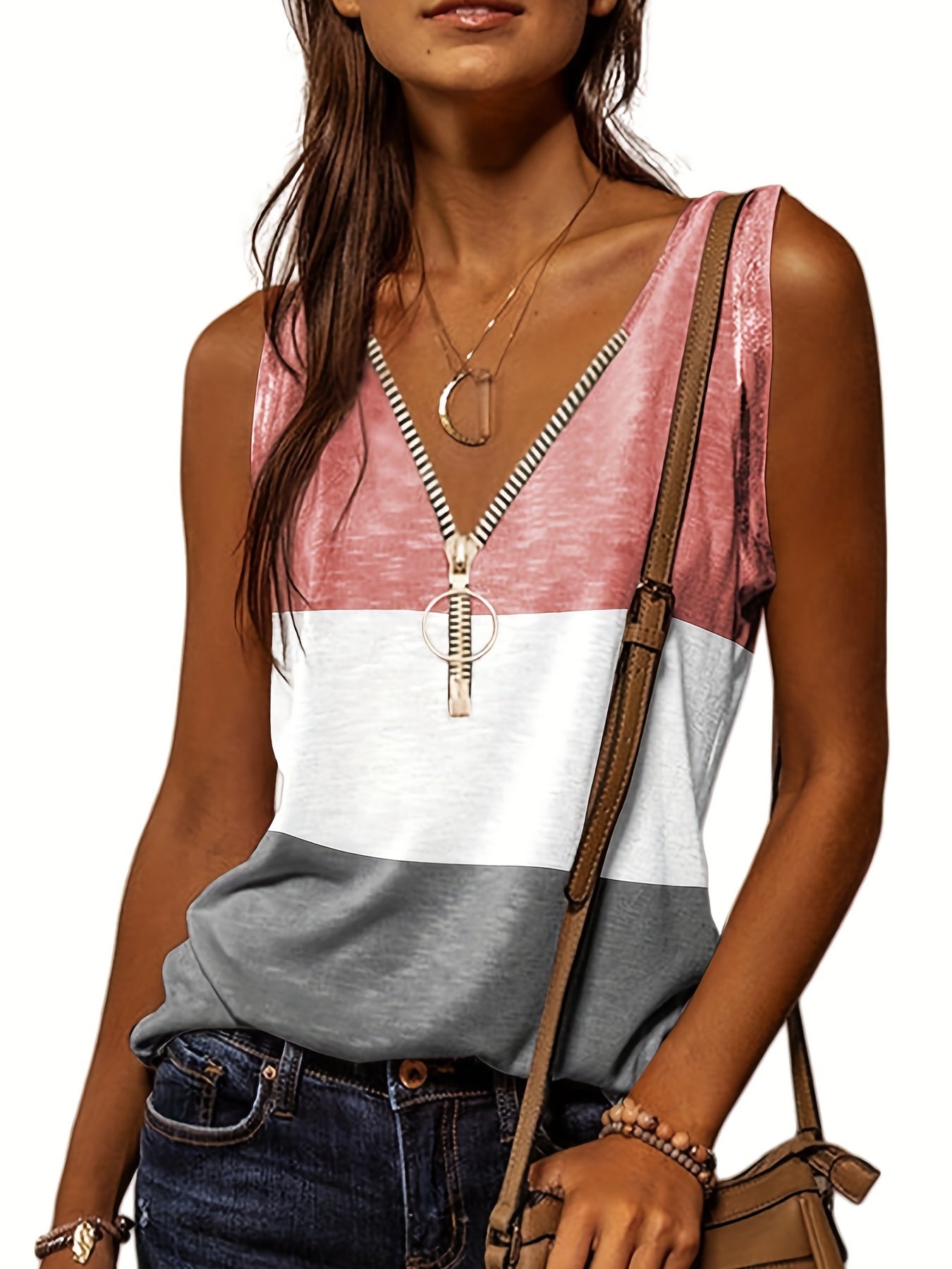 Casual Zip V-Neck Tank Top Women