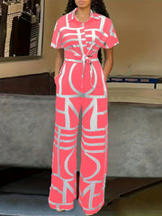 Geo Print 2pc Set Crop Shirt & Wide Leg Pants Outfit