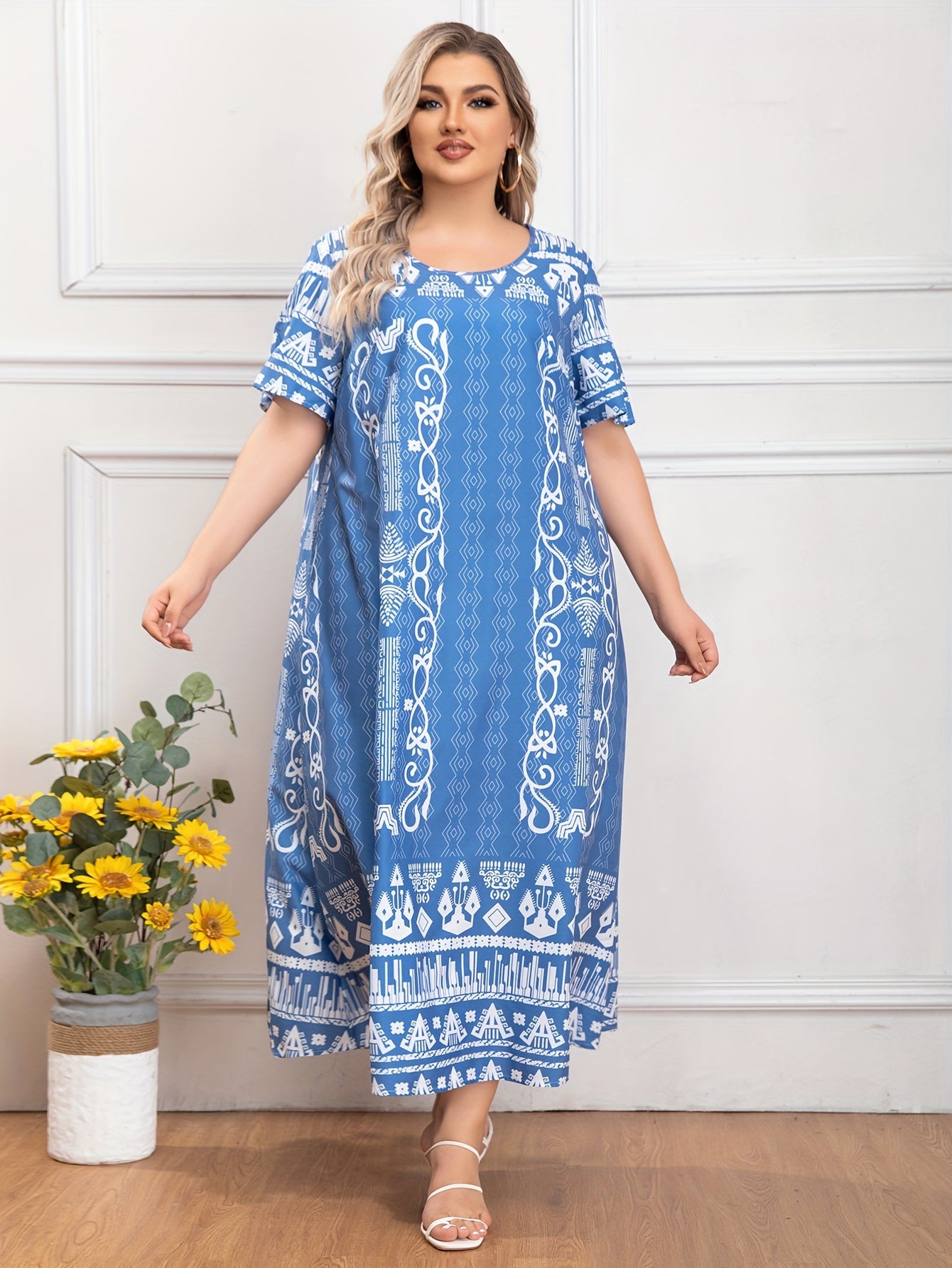  Boho Abaya Dress Women's Plus Geo Print Maxi Jalabiya Dress