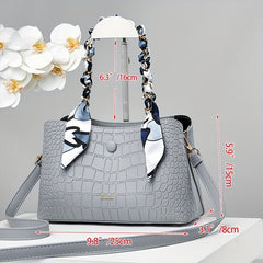 Crocodile Embossed Shoulder Bag with Scarf - Women's Satchel
