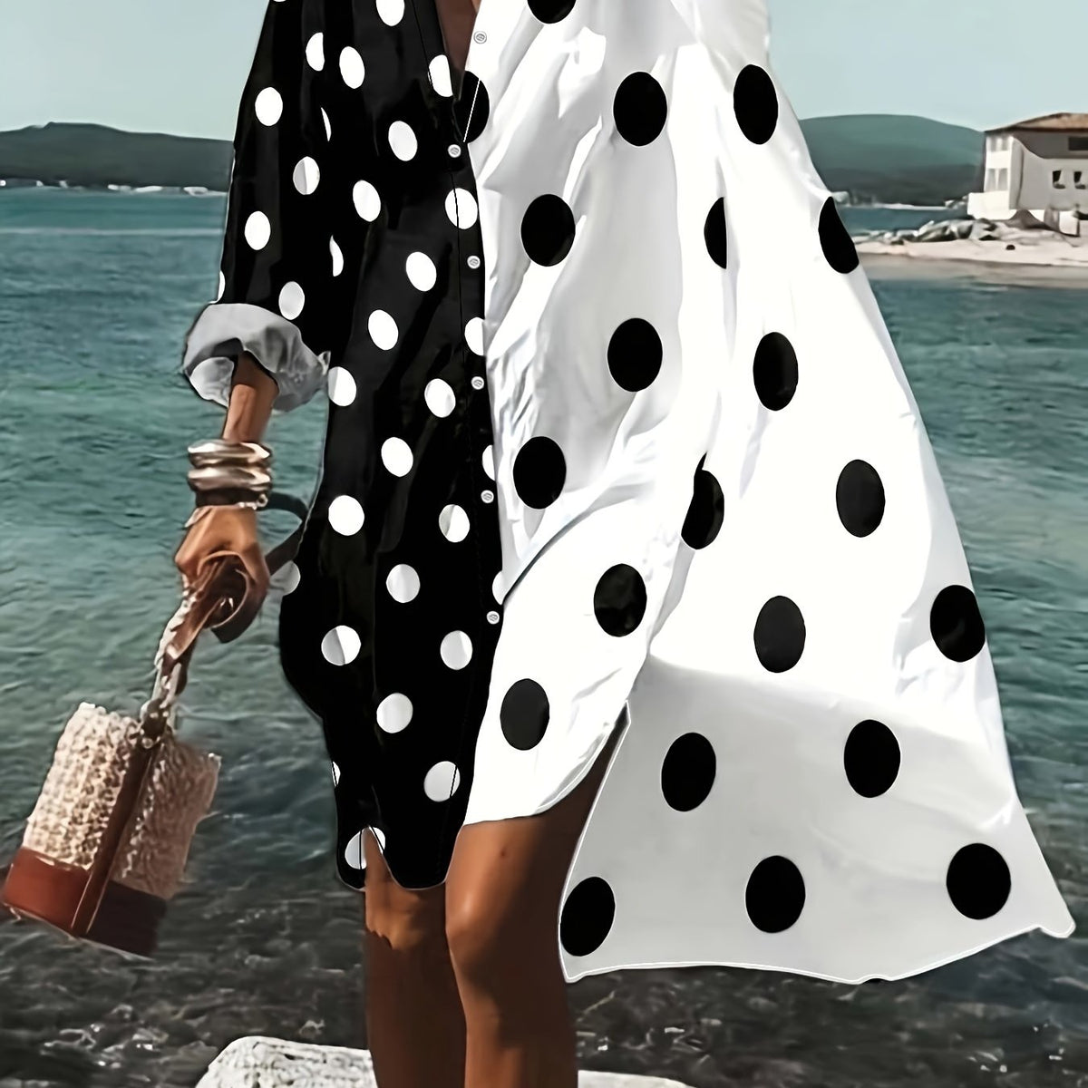  Colorblock Dot Print Long Sleeve Shirt Dress