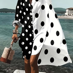  Colorblock Dot Print Long Sleeve Shirt Dress
