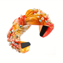Velvet Tie-Dyed Head Hoop Faux Pearl Hair Band