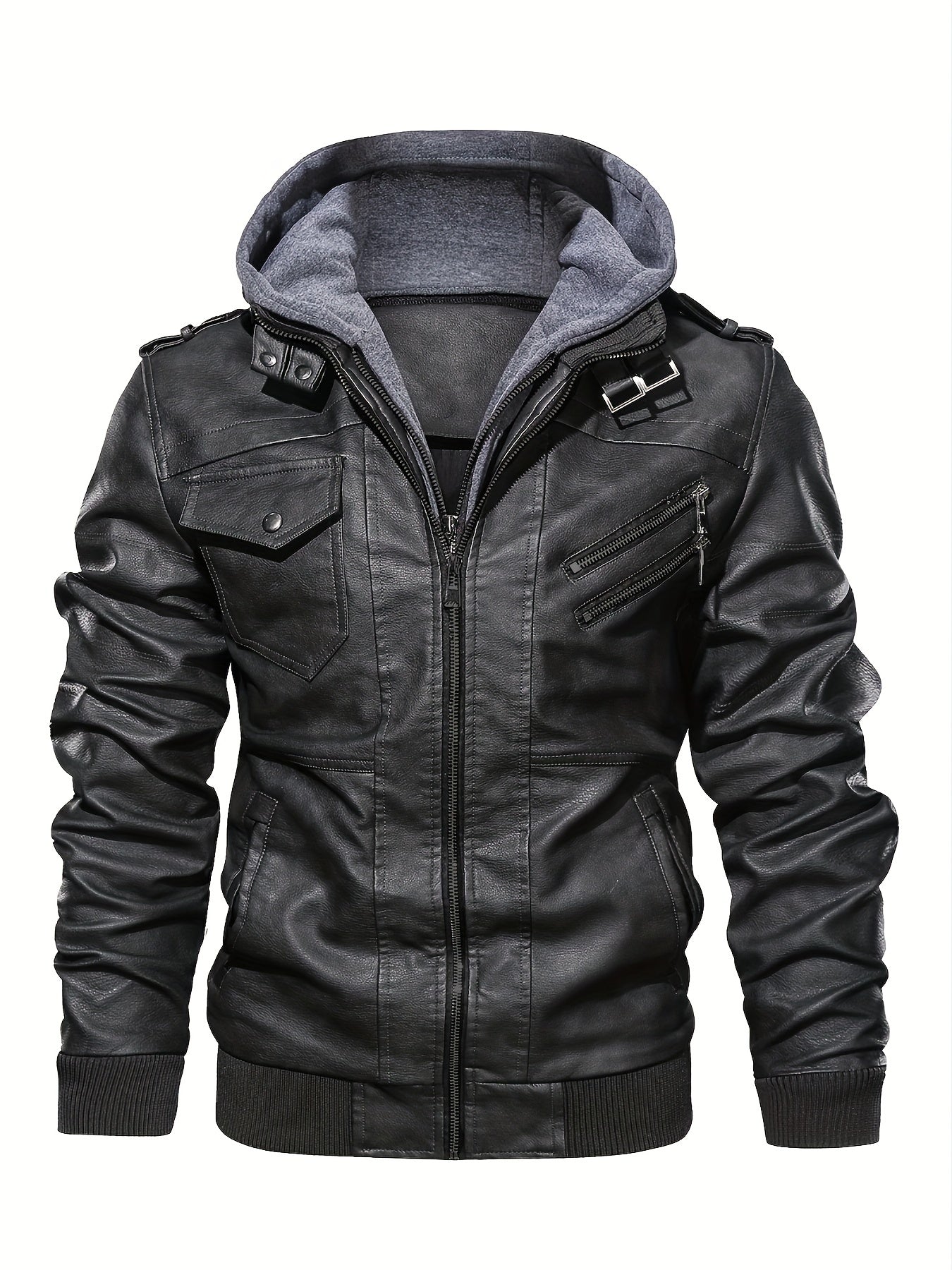Men's PU Leather Hooded Zipper Jackets with Pockets