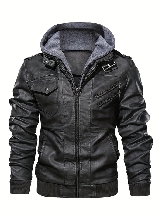 Men's PU Leather Hooded Zipper Jackets with Pockets