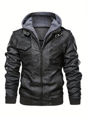 Men's PU Leather Hooded Zipper Jackets with Pockets