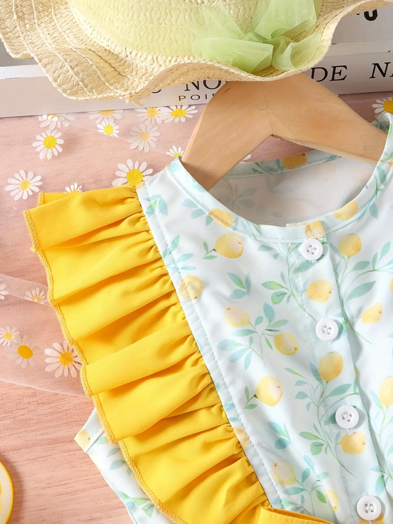 Girls Lemon Graphic Ruffled Sleeveless Jumpsuit With Belt