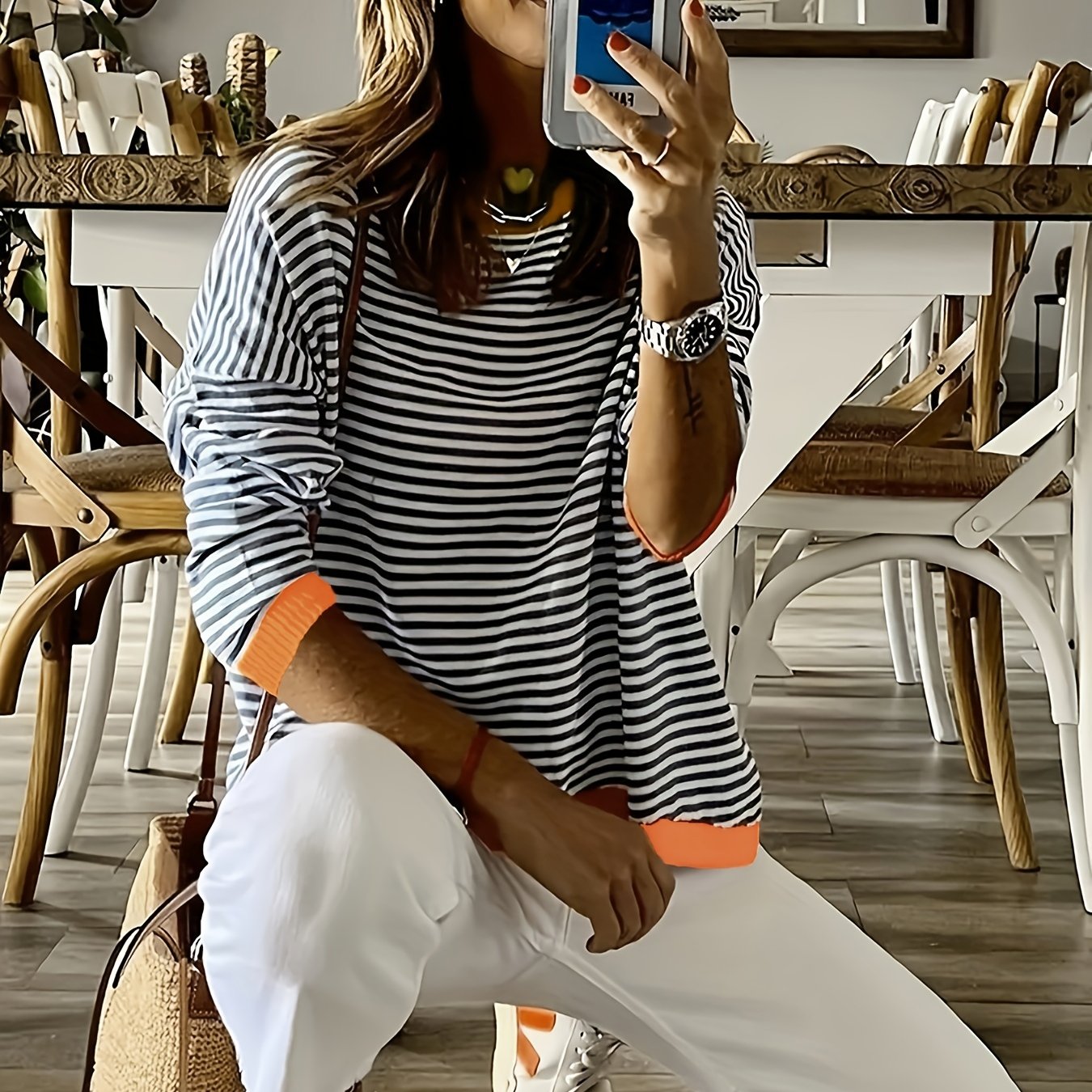 Striped Crew Neck Sweater Long Sleeve Casual Sweater