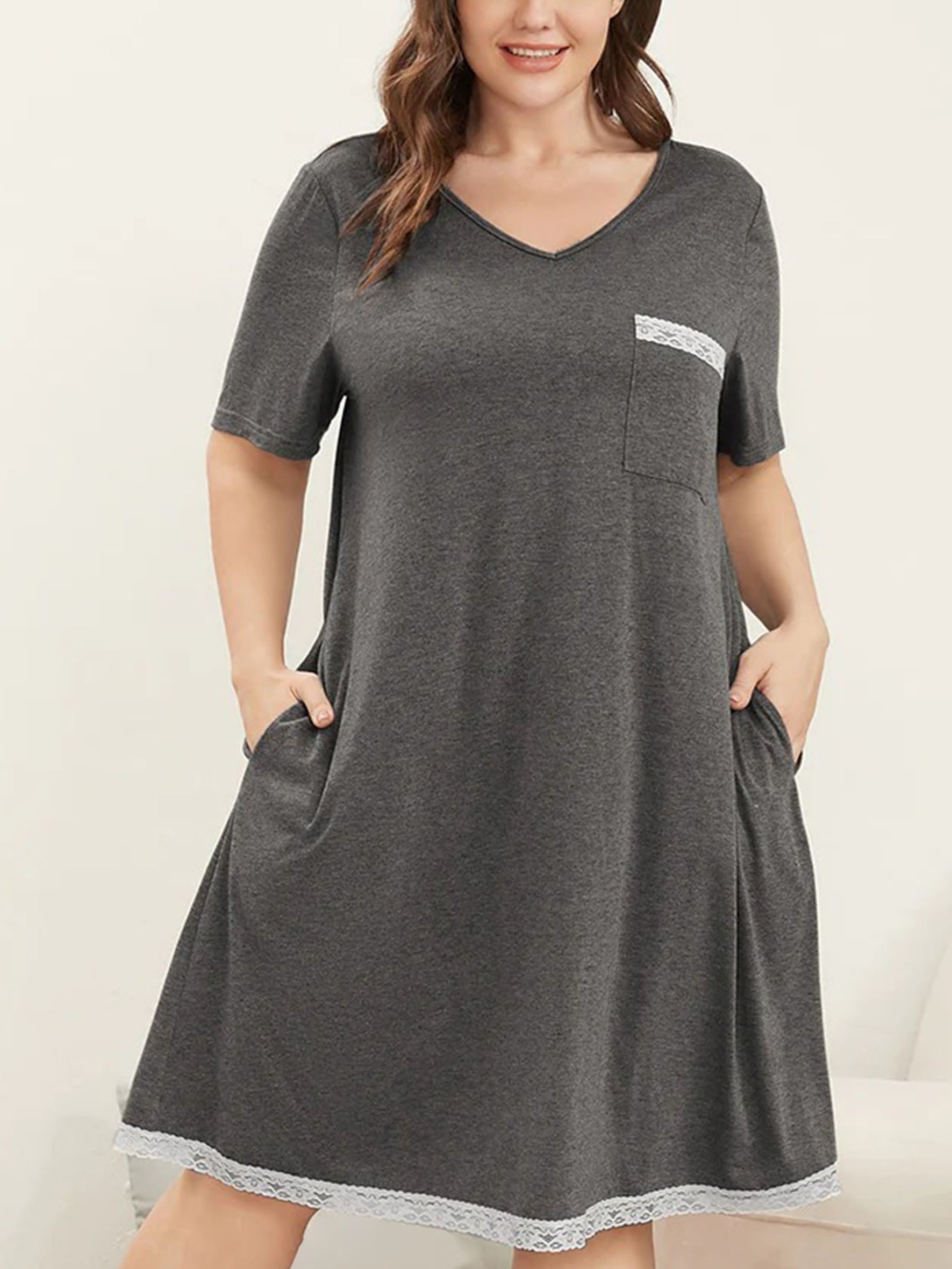  Lace Trim V Neck Short Sleeve Dress