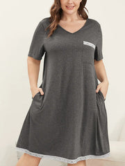  Lace Trim V Neck Short Sleeve Dress