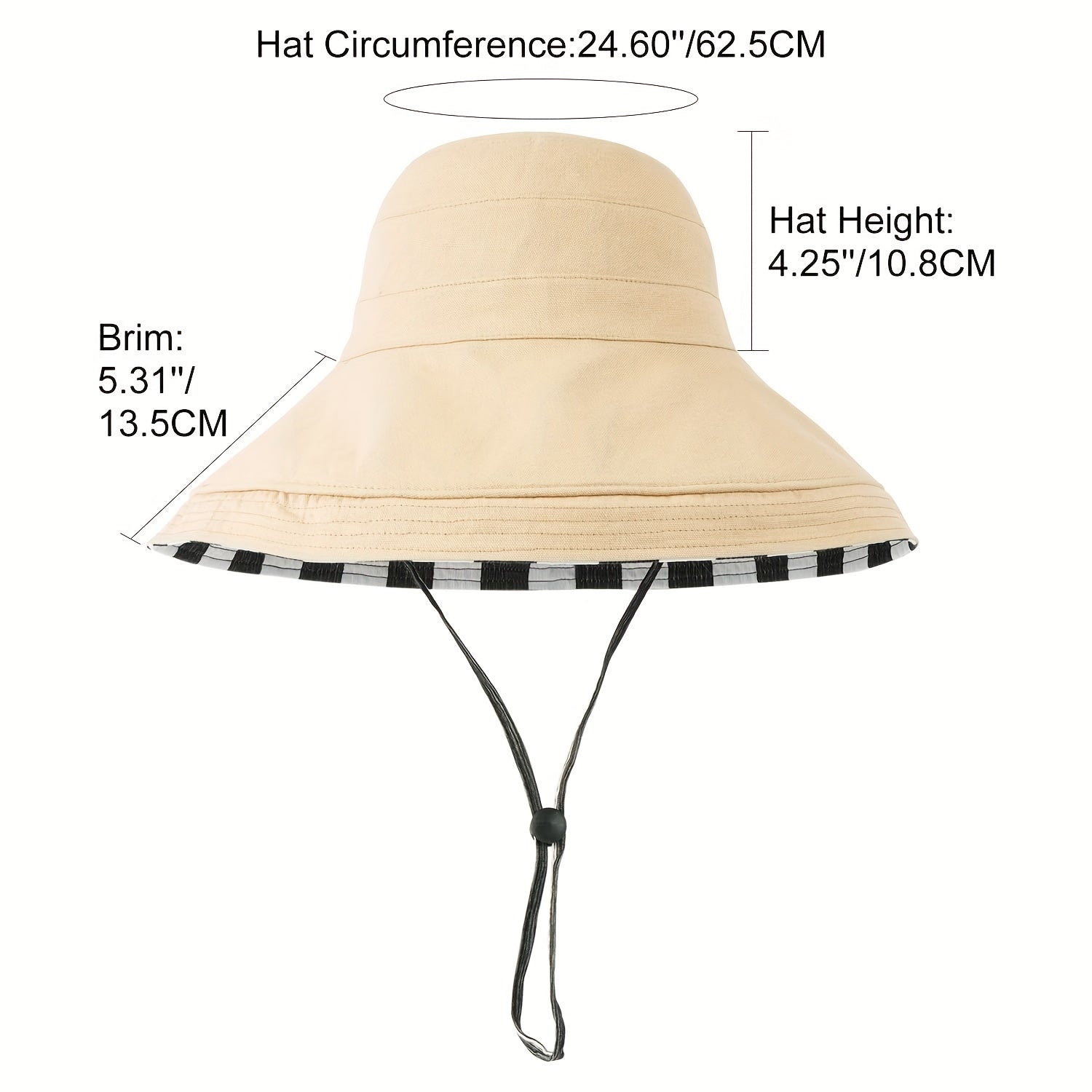 Khaki Reversible Striped Bucket Hat Women Large Brim Sun Visor Casual Cotton Cap