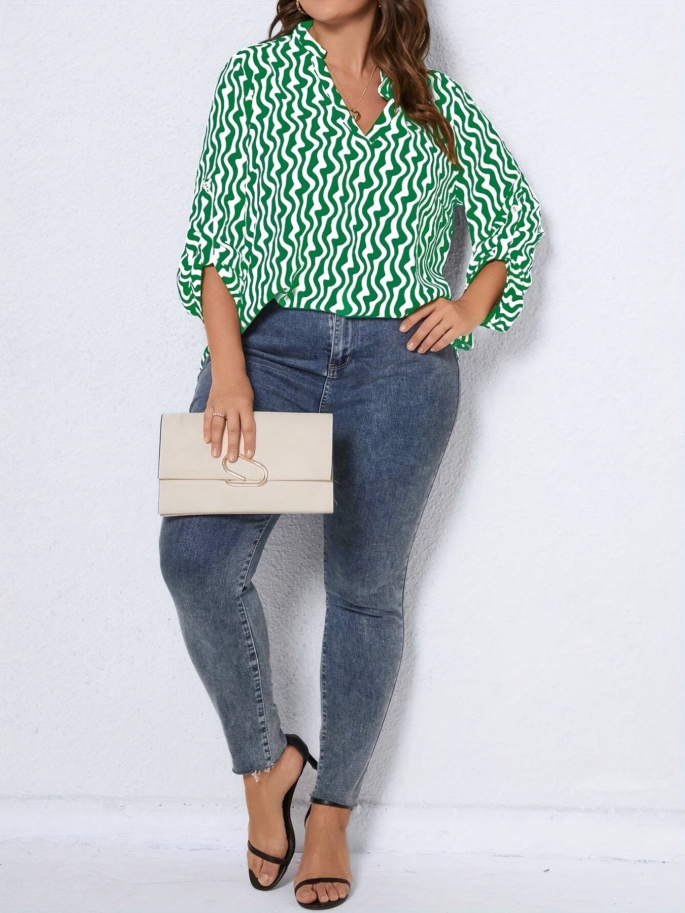  Casual Blouse Women's Plus Allover Print Long Sleeve