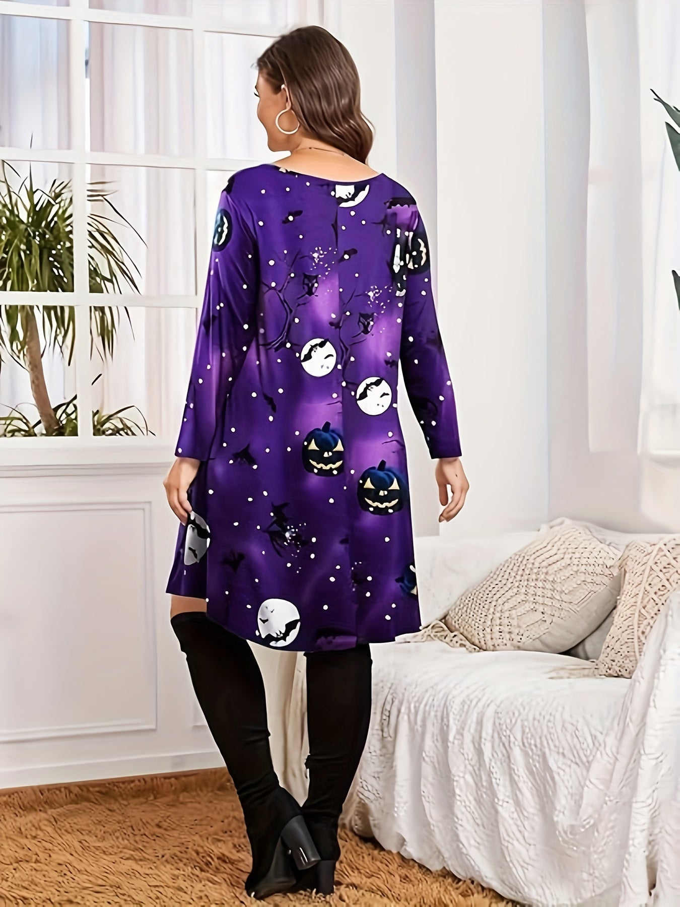  Casual Dress Women's Plus Graphic Print Long Sleeve Round Neck Dress