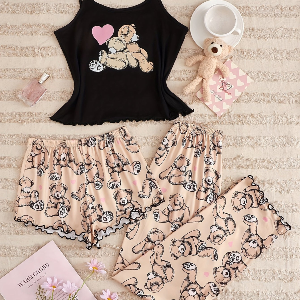 Bear Print Pajama Set Cami Top & Shorts & Pants