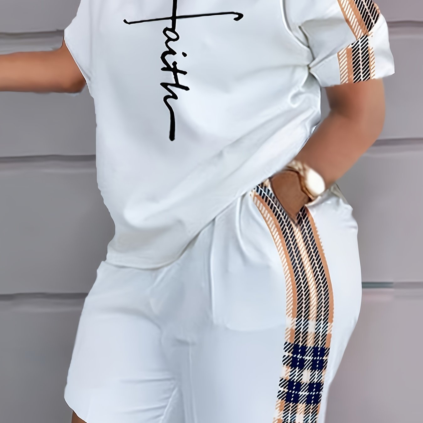  Letter & Plaid Print Top & Shorts 2 Piece Set