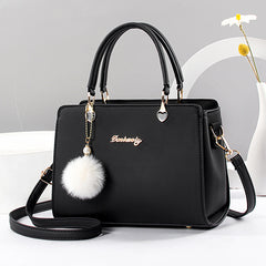 Plush Ball Decor Satchel Bag Solid Hand Bag Women's Shoulder Purse