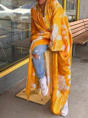  Floral Print Batwing Sleeve Kimono Cover Up