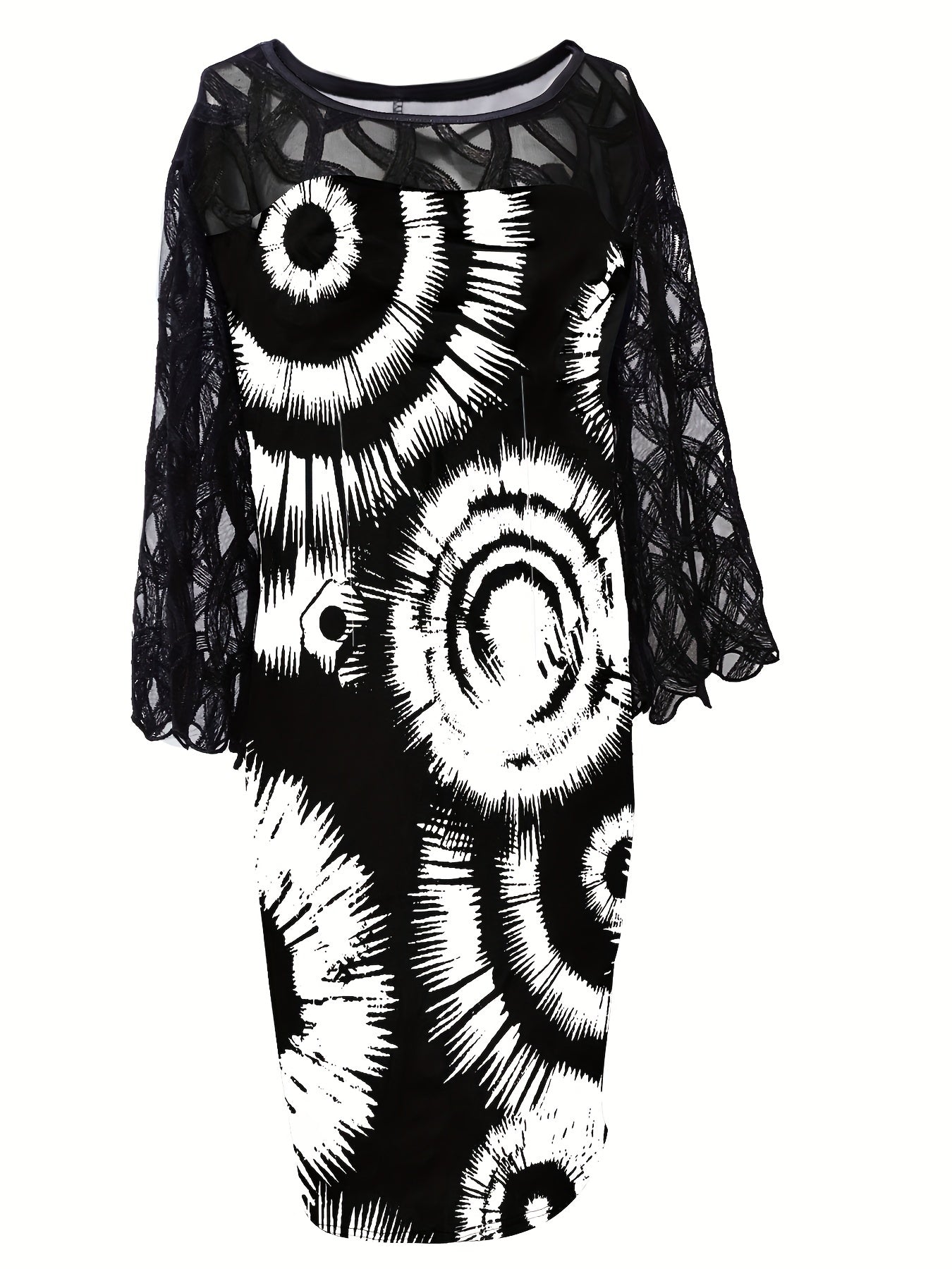  Abstract Print Lace Sleeve Midi Dress