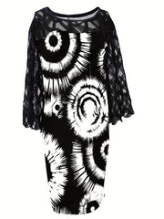  Abstract Print Lace Sleeve Midi Dress
