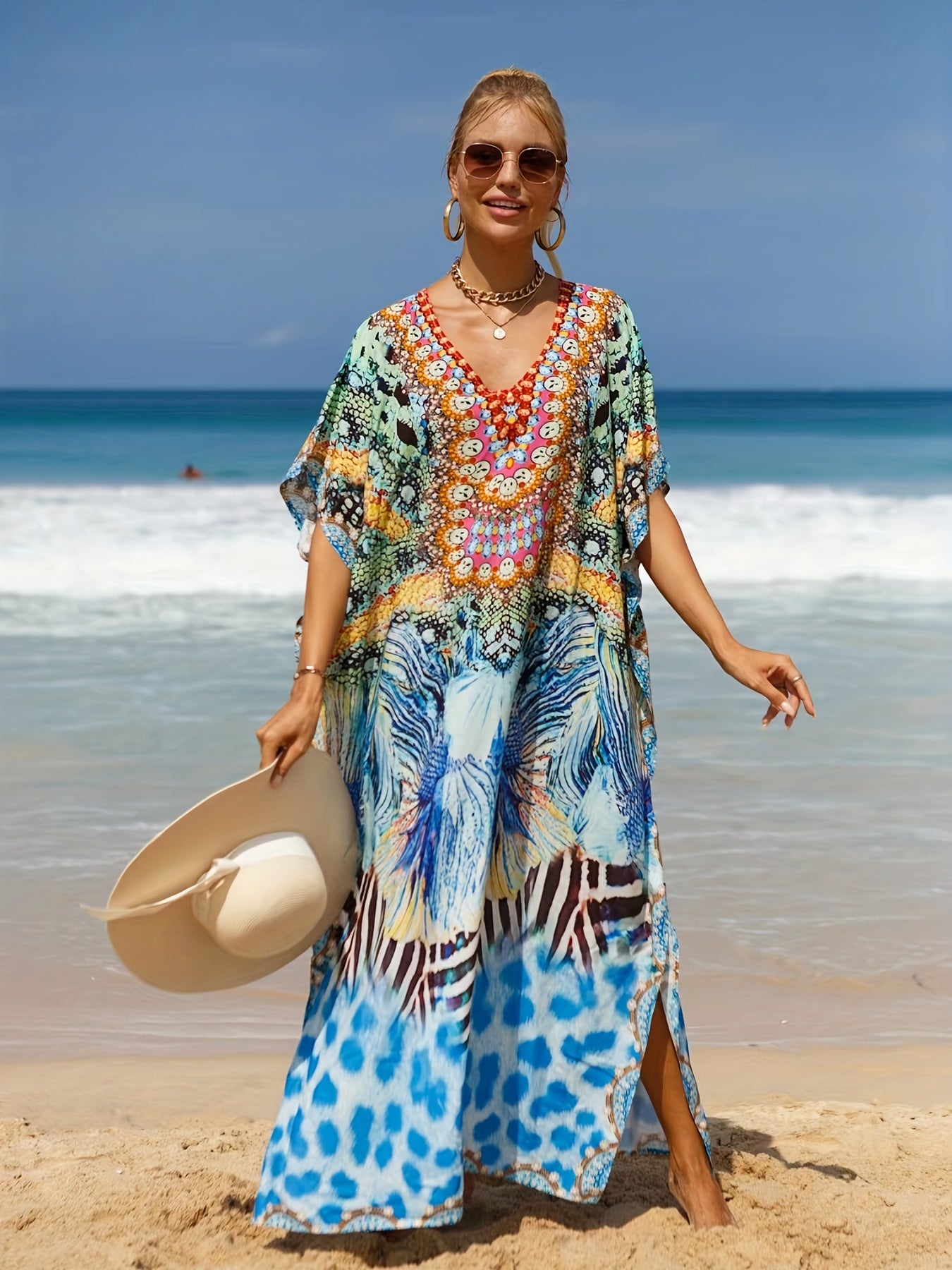  Boho Cover Up Women's Plus Tropical Print Bat Sleeve V Neck