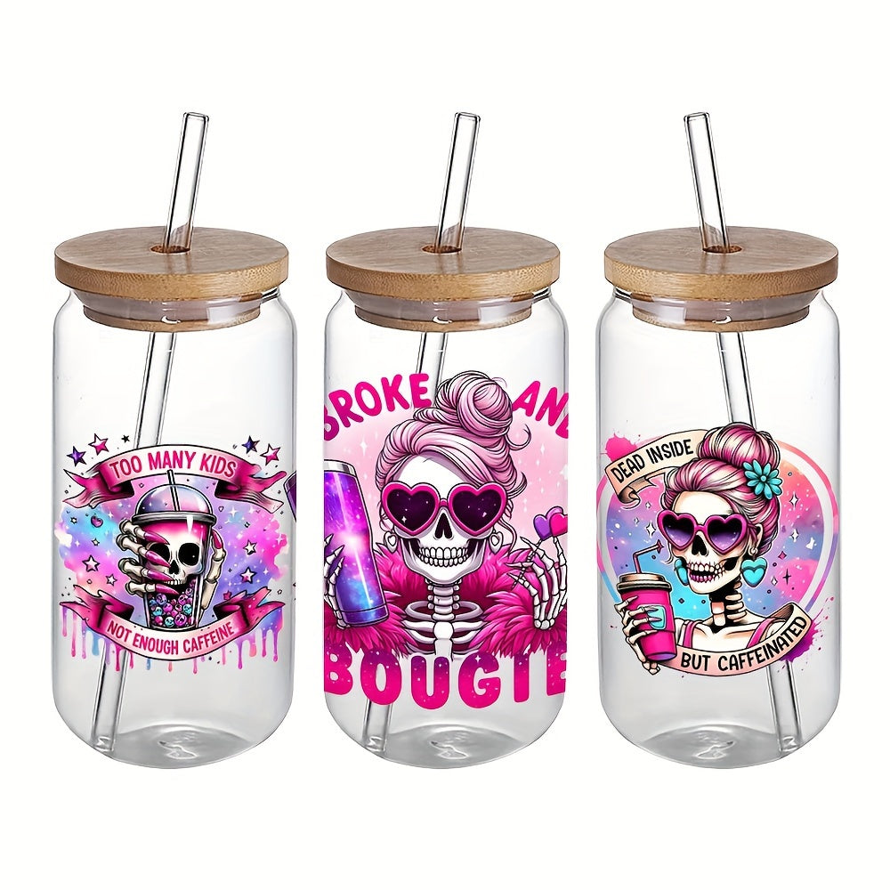 4Pcs Fun Skull Mom UV DTF Transfer DIY Decals for 16 Oz Mason Jar